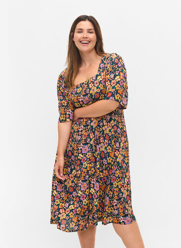 Gebloemde midi-jurk in viscose, Multi Flower AOP, Model image number 0
