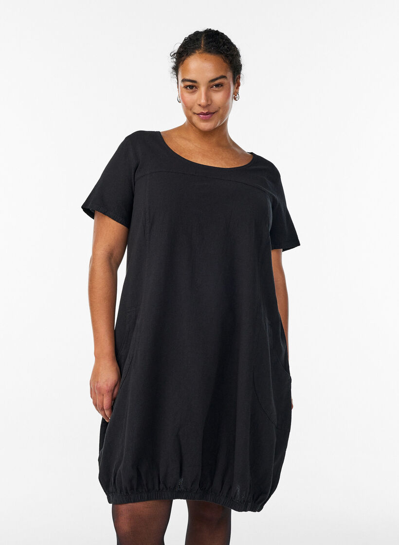 Katoenen jurk met korte mouwen, Zwart, Model image number 0