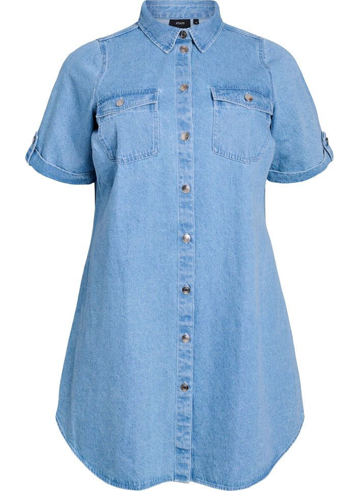 Denimjurk met korte mouwen en knopen, Blauw, Packshot image number 0