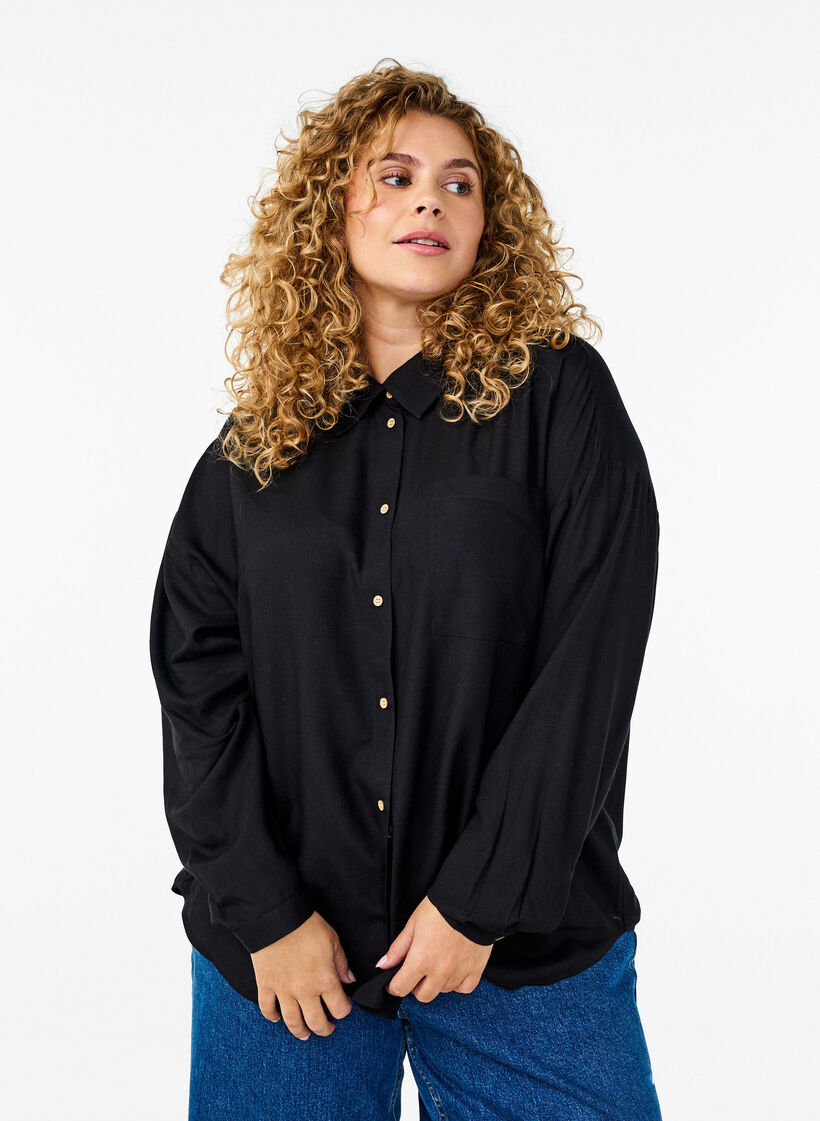 Linnen en viscose shirt met lange mouwen, Zwart, Model image number 0