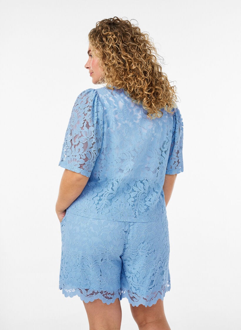 Kanten blouse met korte mouwen en V-hals, Blauw, Model image number 2