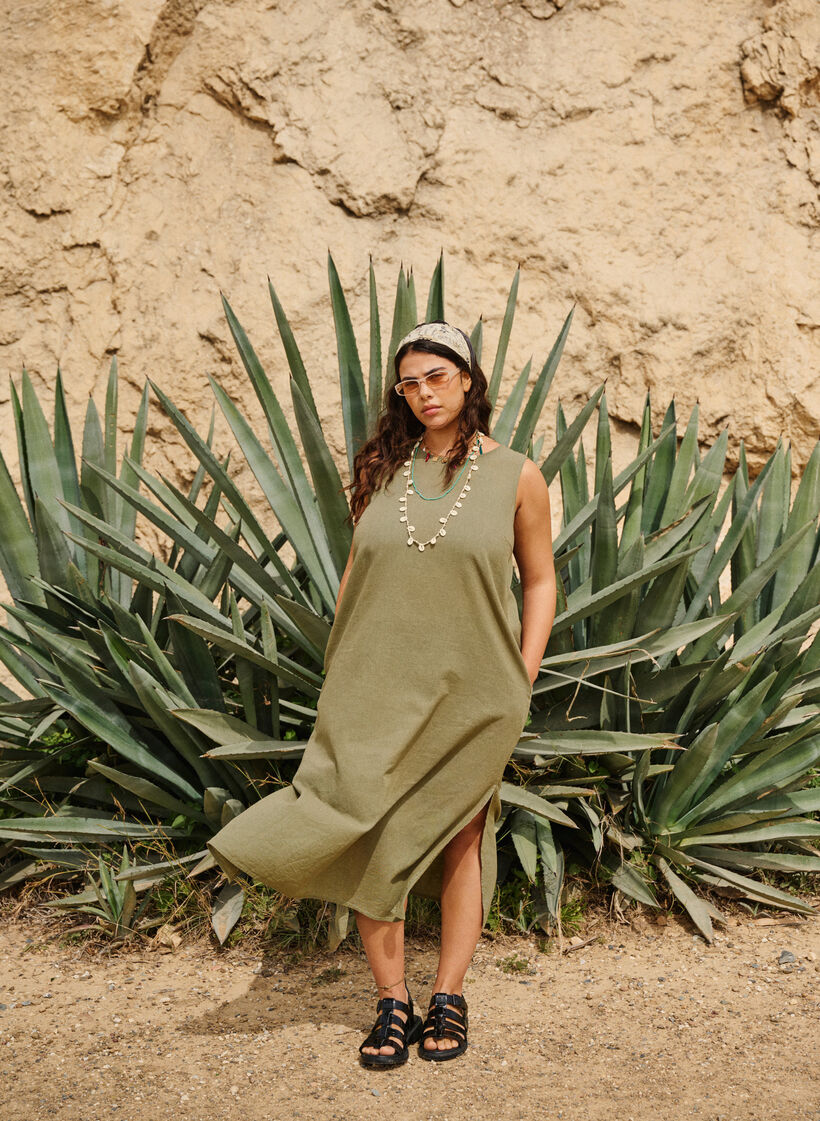 Mouwloze jurk van katoenmix met linnen, Deep Lichen Green, Image image number 0