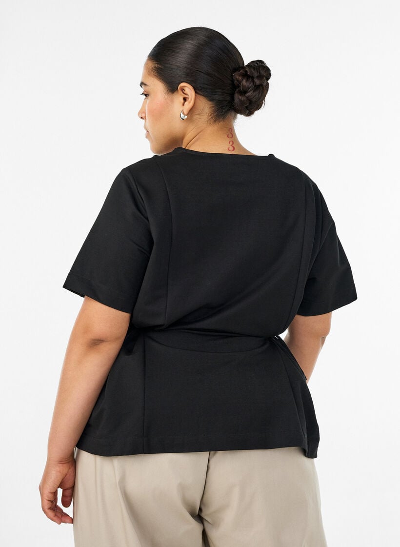 Blouse in een katoenmix met V-hals en striklint, Zwart, Model image number 2