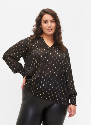 Bedrukte blouse met smok en v-hals, Black w. Gold, Model image number 0