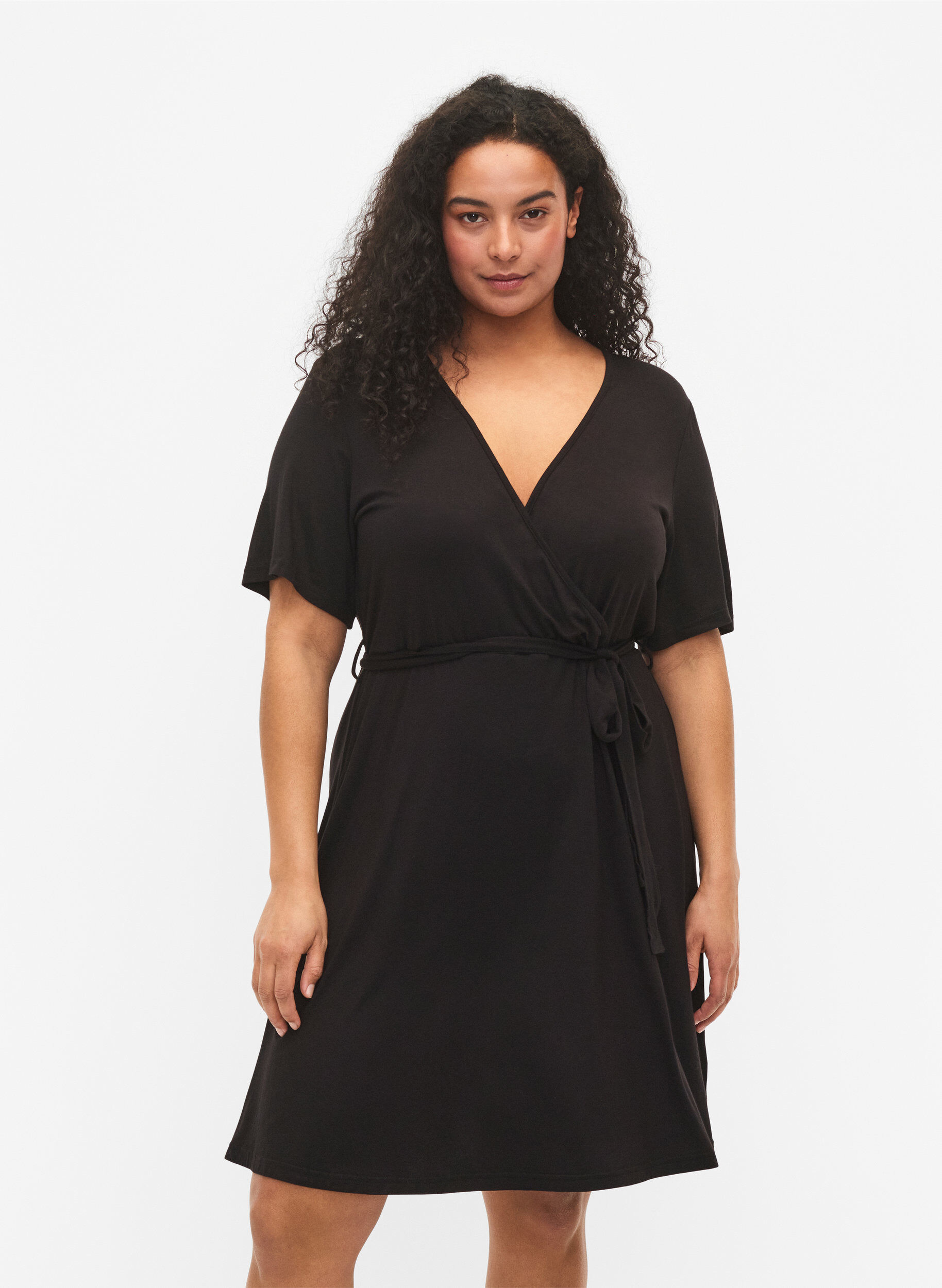 Zizzi Wikkeljurk van viscose met korte mouwen, Black, Model image number 0