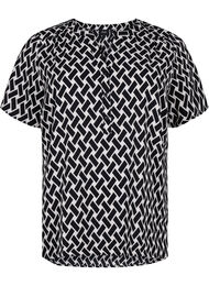 Blouse met korte mouwen en v-halslijn, Black Graphic AOP