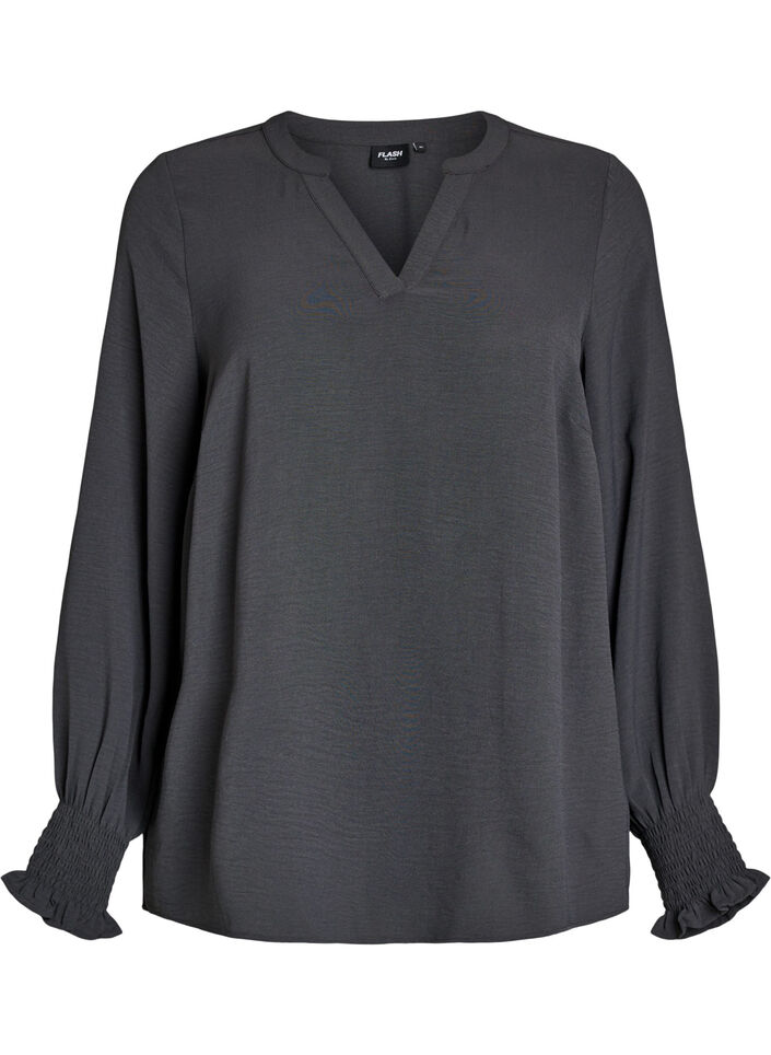 Blouse met smockmanchetten en V-hals, Grijs, Packshot image number 0
