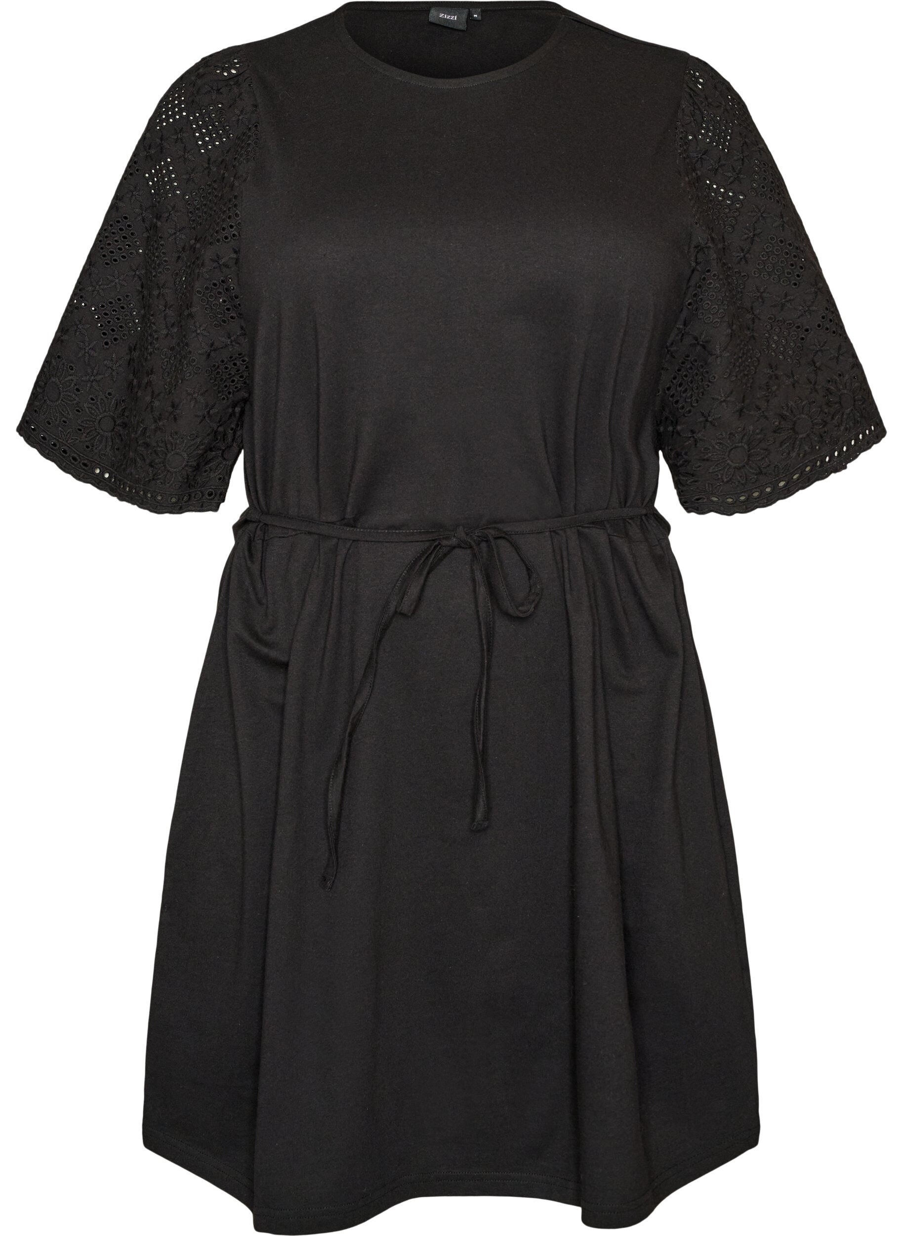 ZizziKatoenen jurk met broderie anglaise mouwen en een strik in de taille, Zwart, Packshot image number 0