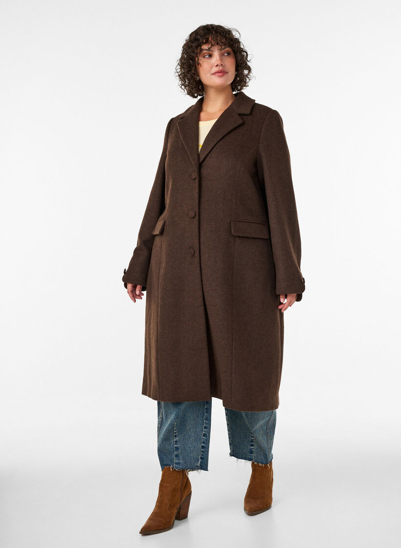 Wolblendjas met revers en knopen, Bruin, Model image number 0