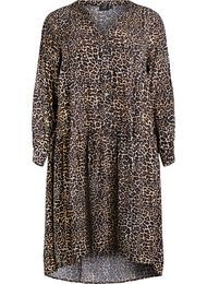 Bedrukte viscose midi-jurk met lange mouwen, Bruin