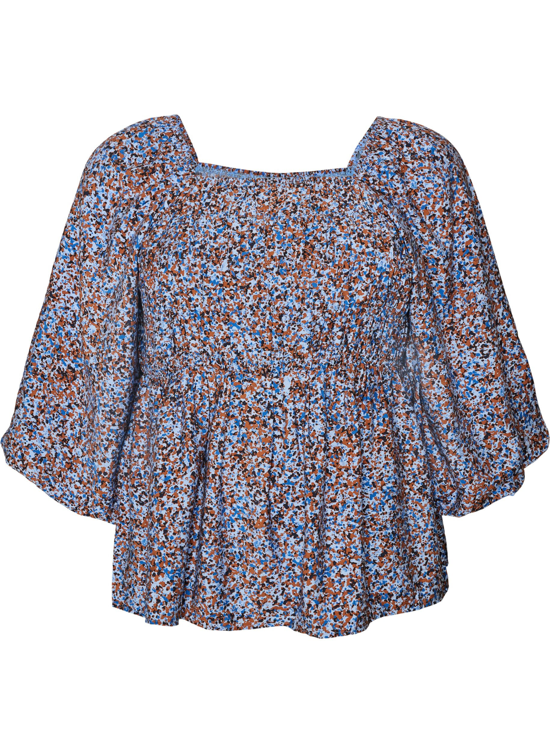 ZizziBlouse met smock en vierkante halslijn, Blauw, Packshot image number 0