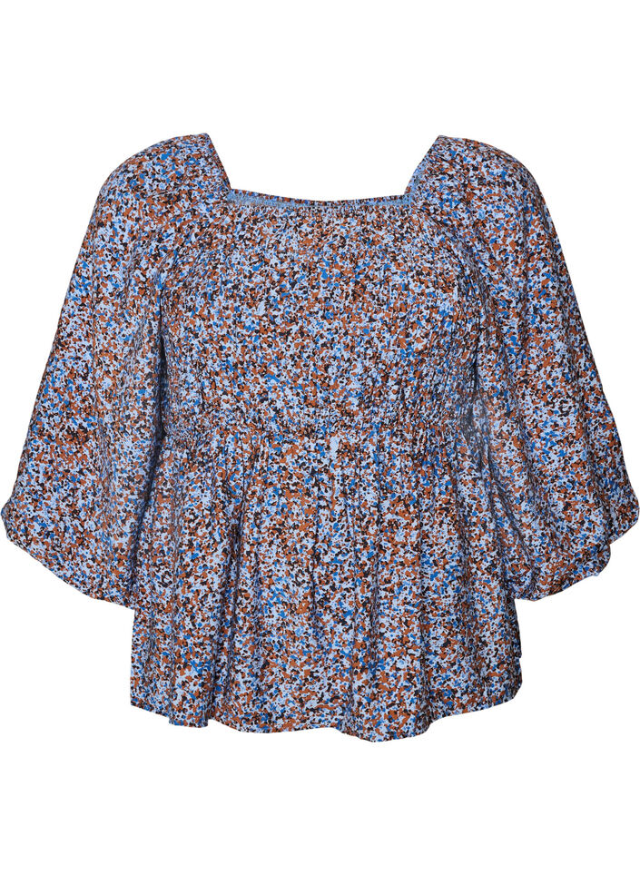 Blouse met smock en vierkante halslijn, Blauw, Packshot image number 0