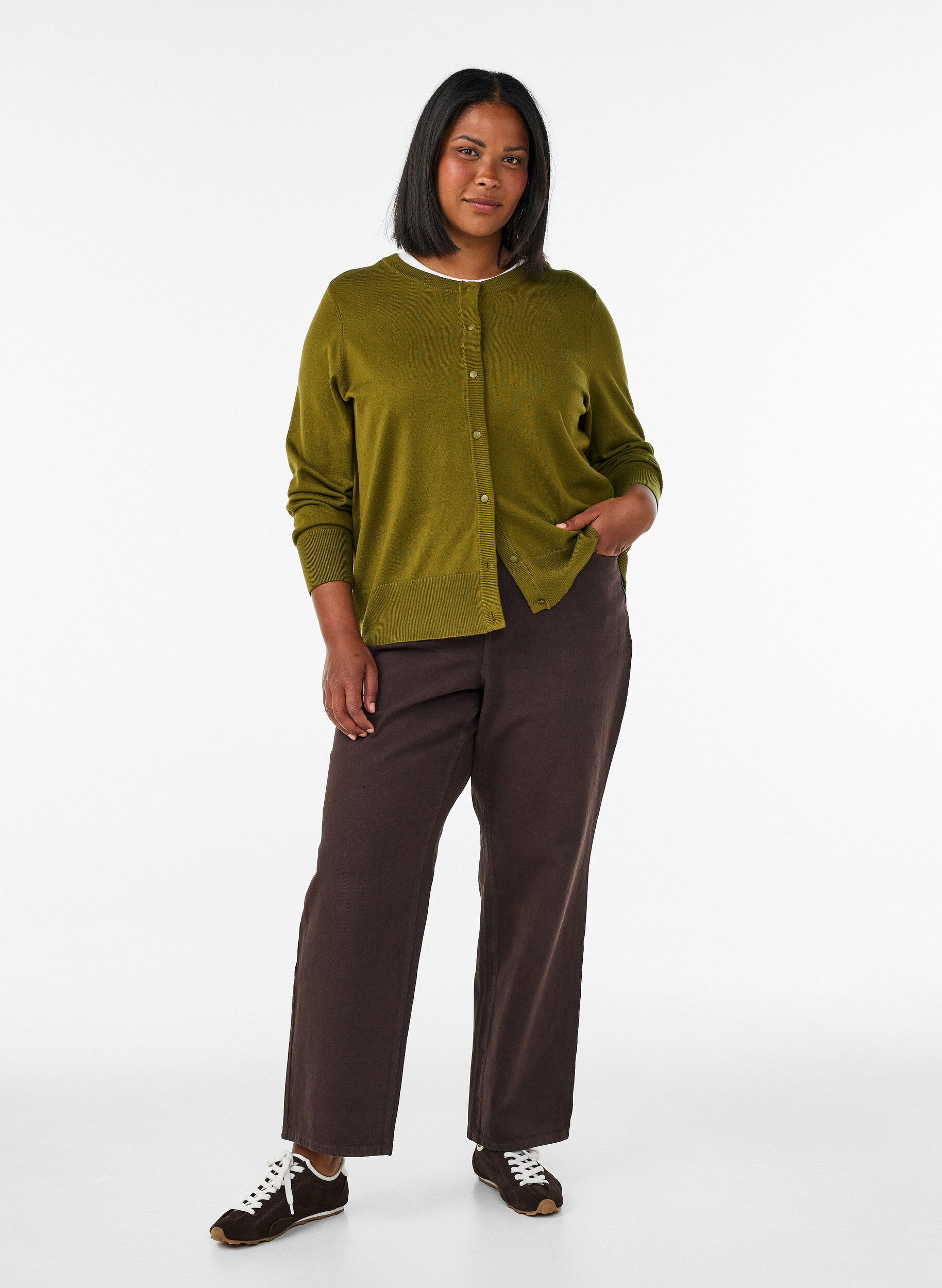 ZizziGebreid vest met ronde hals en knopen, Groen, Model image number 1