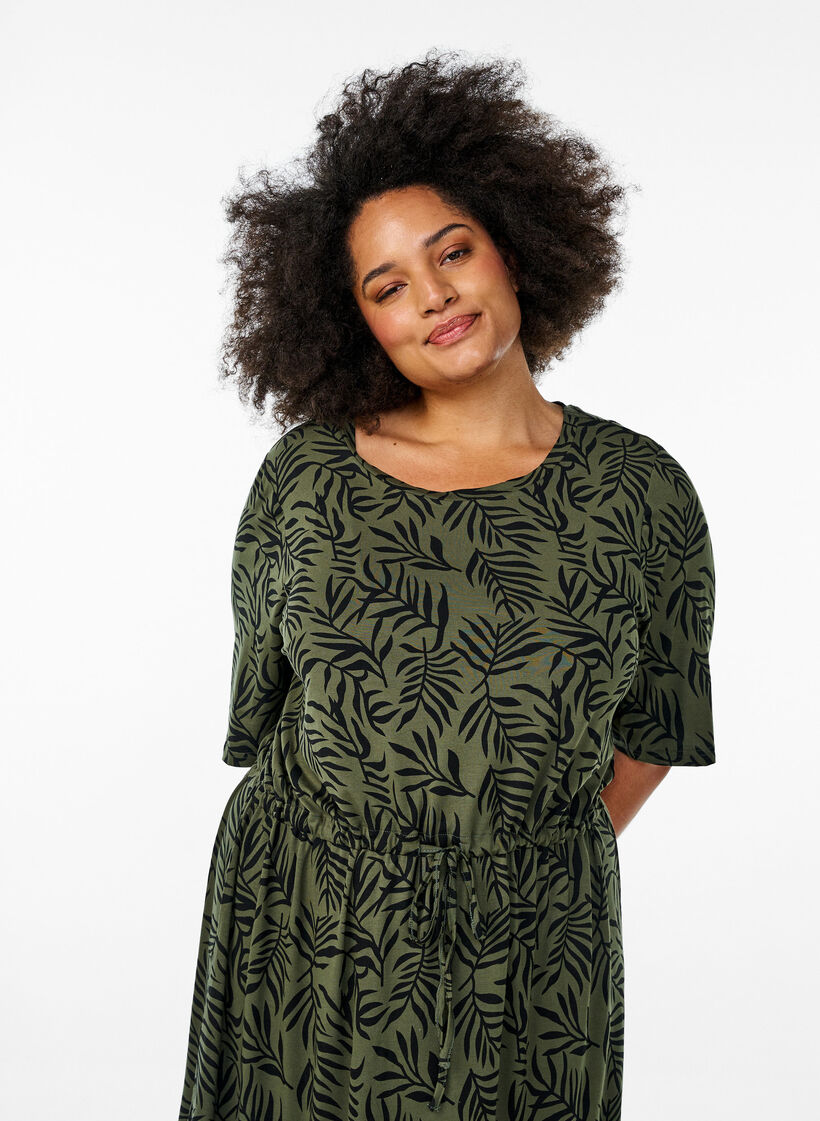 Jersey midi jurk met strikriem in de taille, Groen, Model image number 2