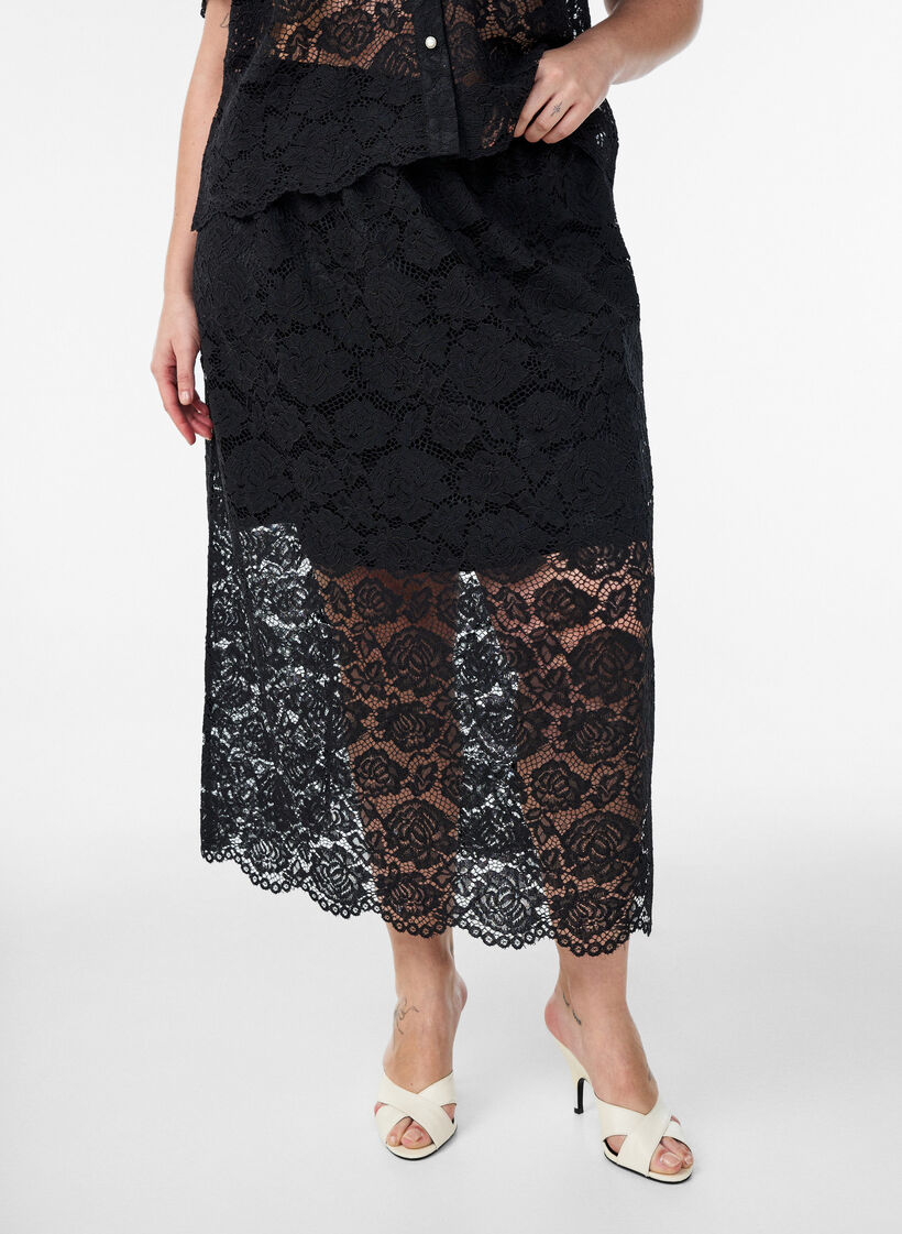 Kanten midirok met een elastische tailleband, Zwart, Model image number 2