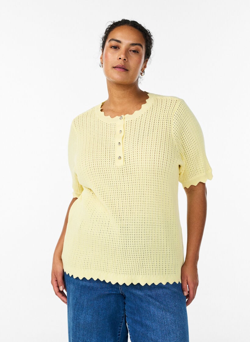 Korte mouw gebreide blouse met ajourpatroon en golfranden, Geel, Model image number 0