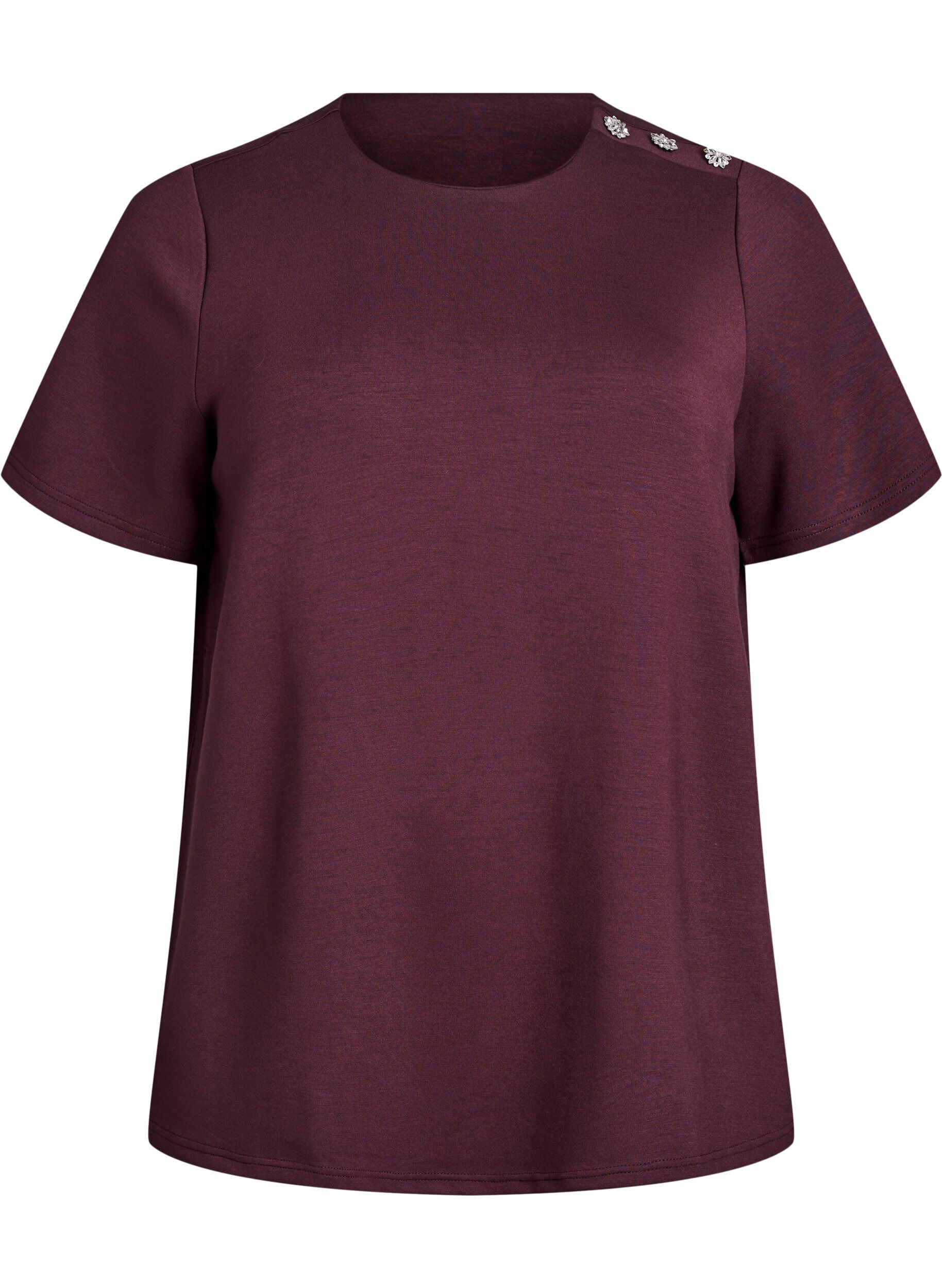 Zizzi Blouse met korte mouwen en knoopdetail, Donker Bordeaux, Packshot image number 0
