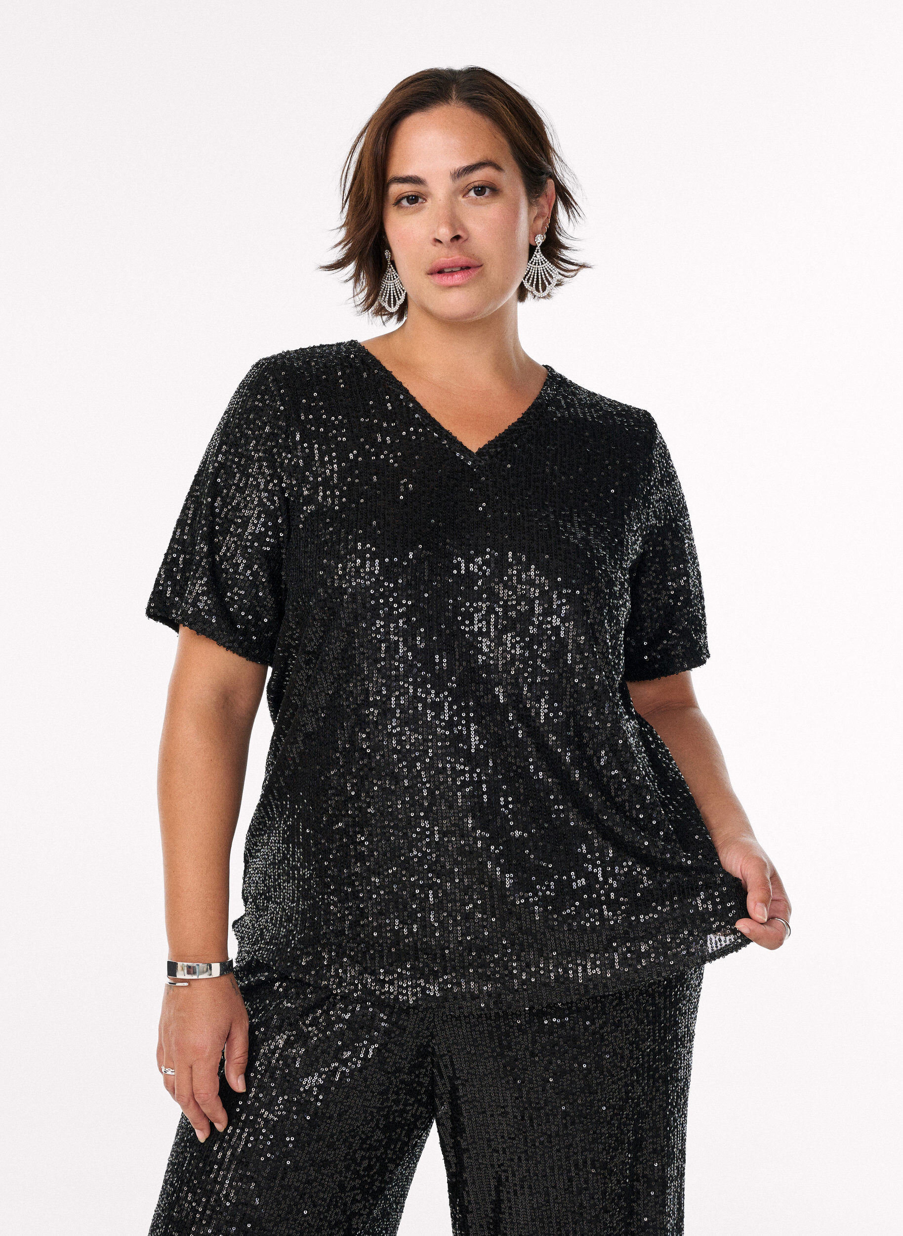 Sequin blouse met V-hals en korte mouwen, Zwart, Model