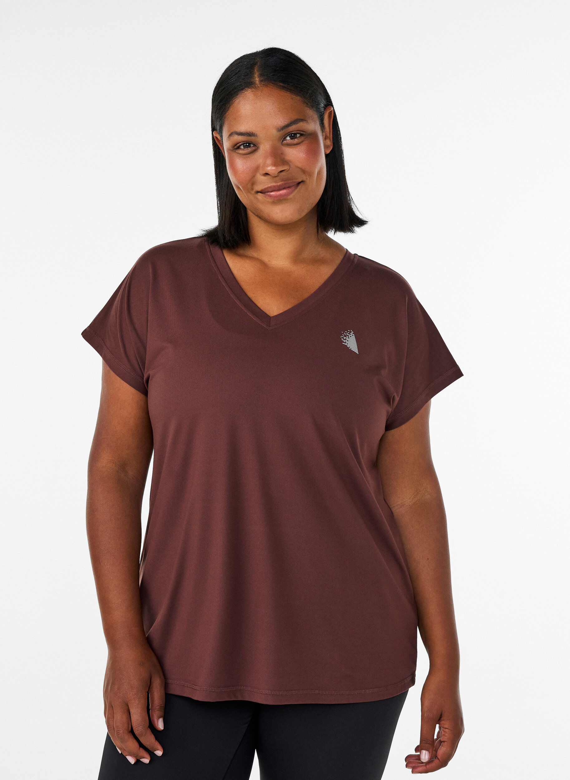 Losvallend trainings-T-shirt met V-hals, Bruin, Model