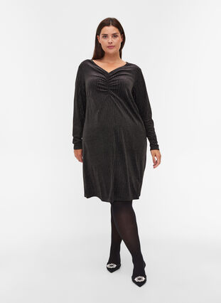 Velours jurk met glitter, Black w. Silver, Model image number 2