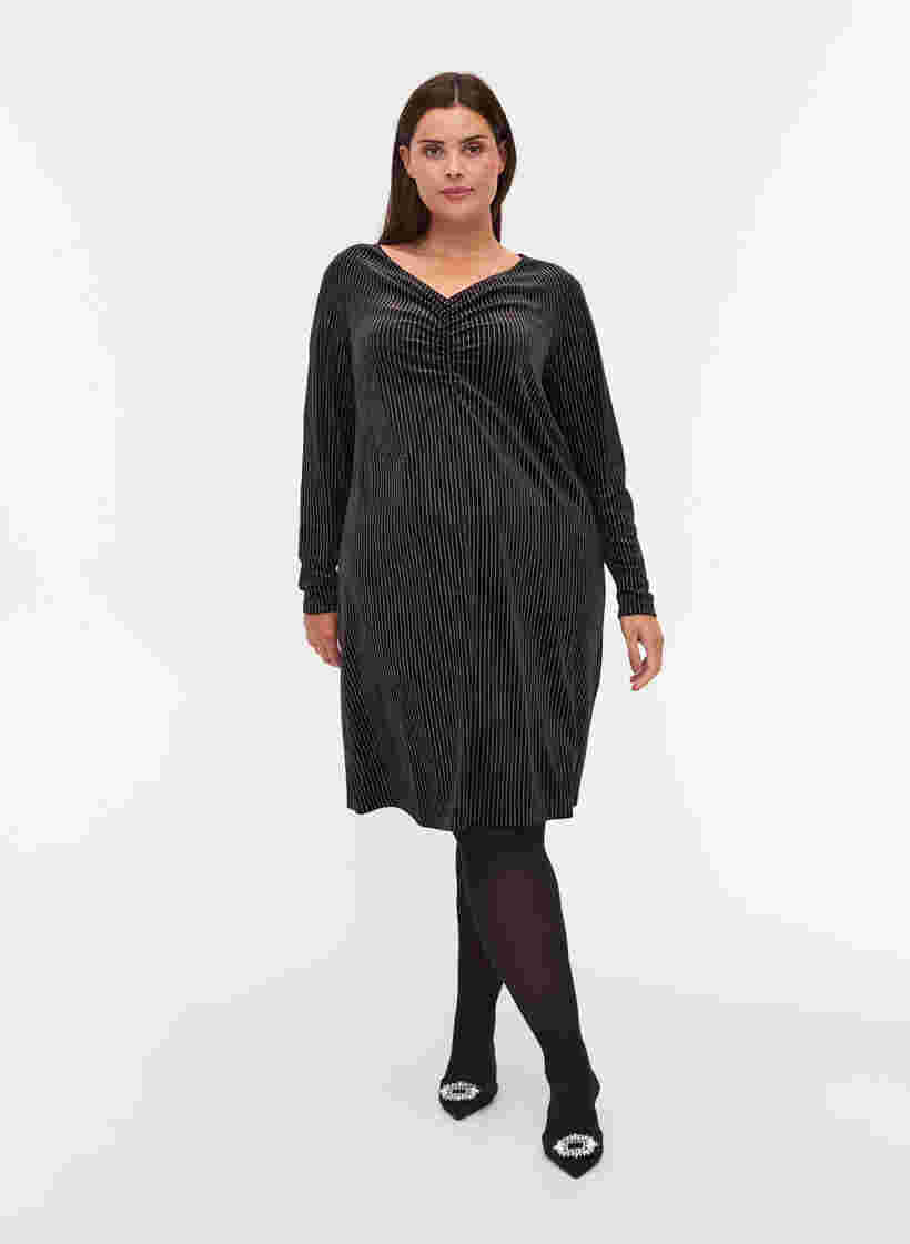 Velours jurk met glitter, Black w. Silver, Model image number 2