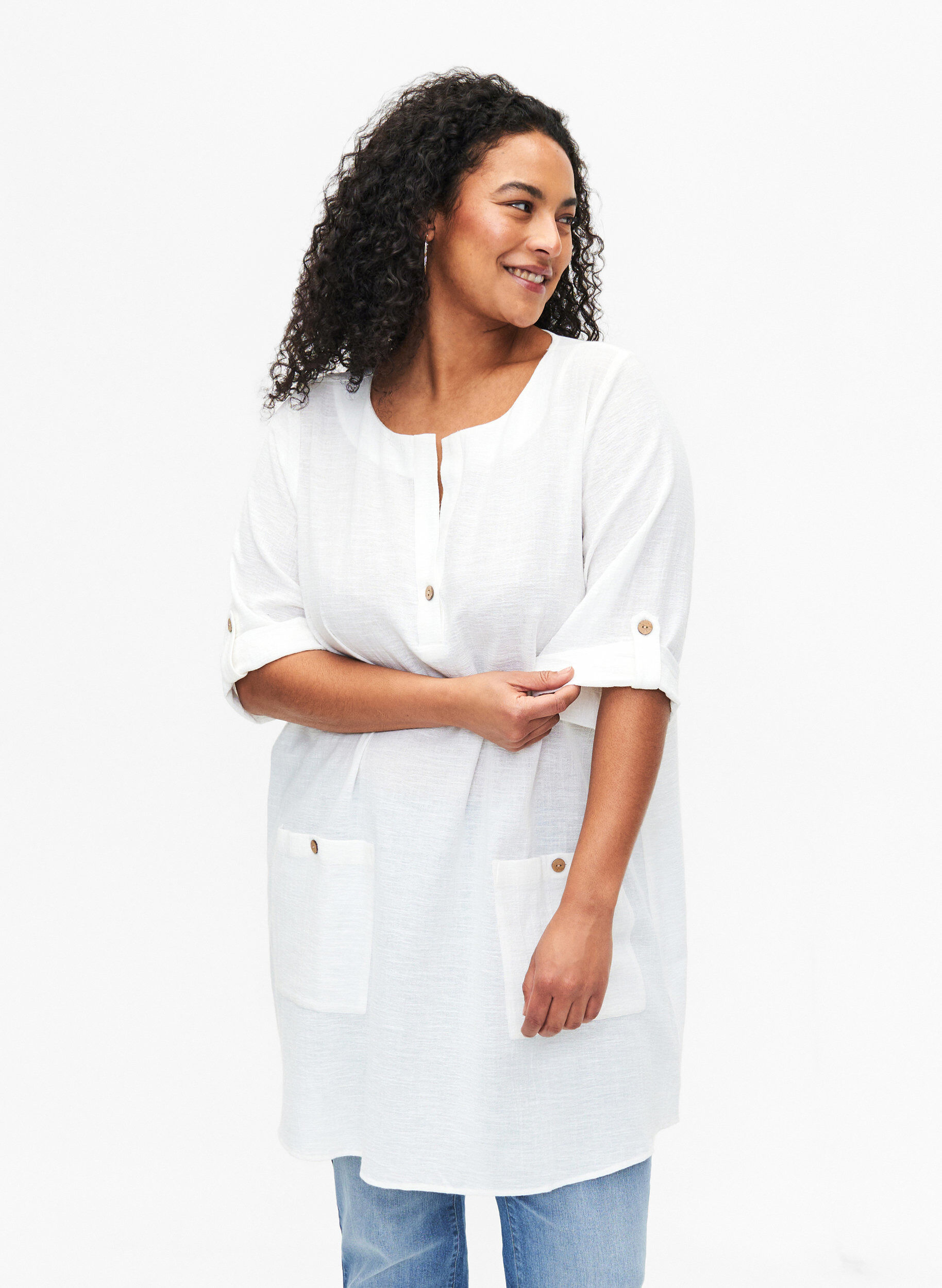 Zizzi Tuniek met 3/4 mouwen van katoenmix en linnen, Off-White, Model image number 0