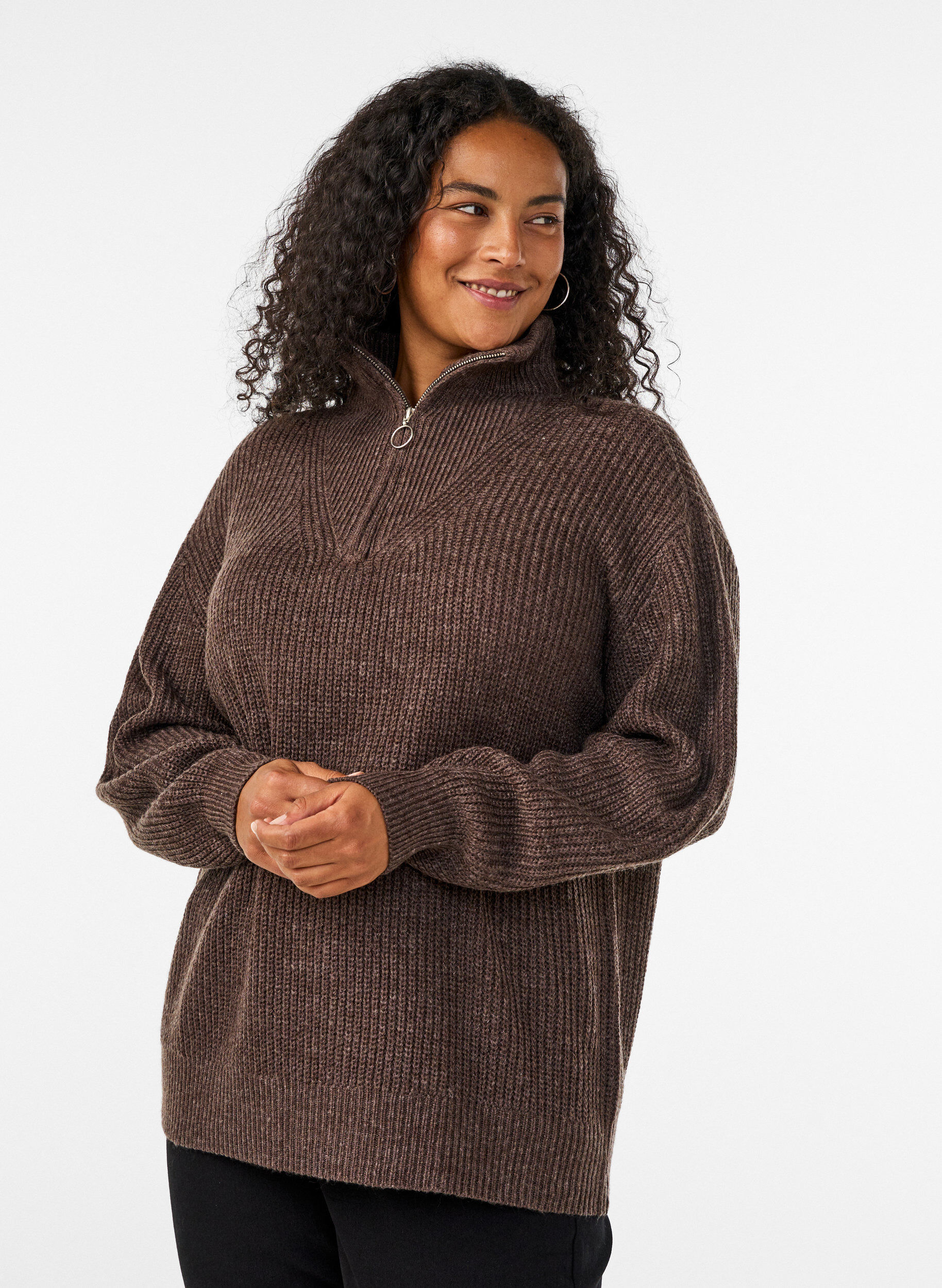 ZizziGebreide trui met hoge hals en rits, Bruin, Model image number 0