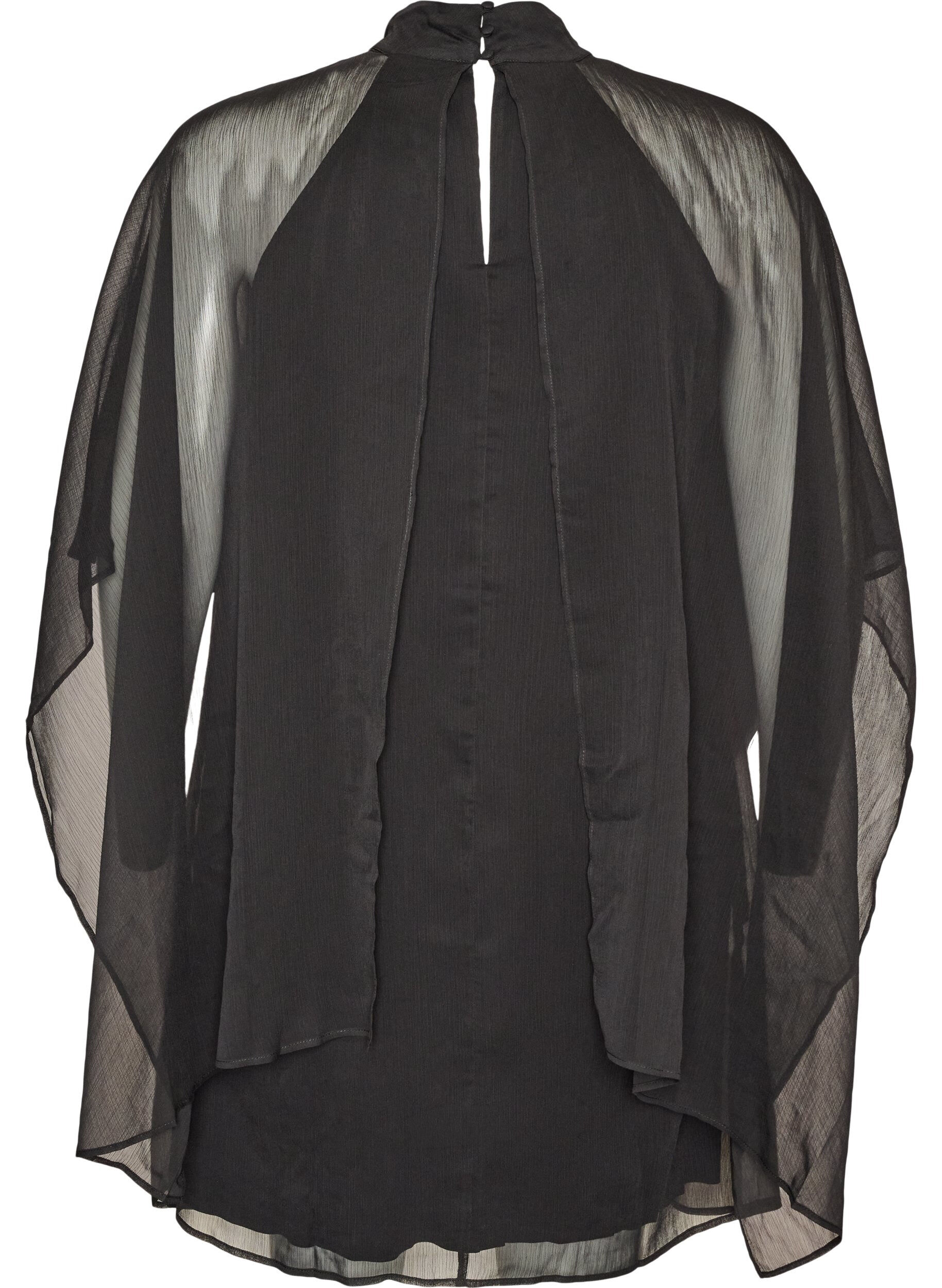 ZizziChiffon jurk tot op de knie met doorschijnende cape, Zwart, Packshot image number 1