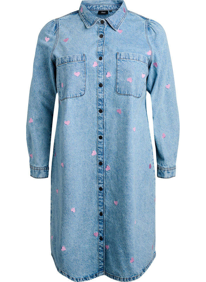Denim jurk met hartjes en borstzakken, Blauw, Packshot image number 0