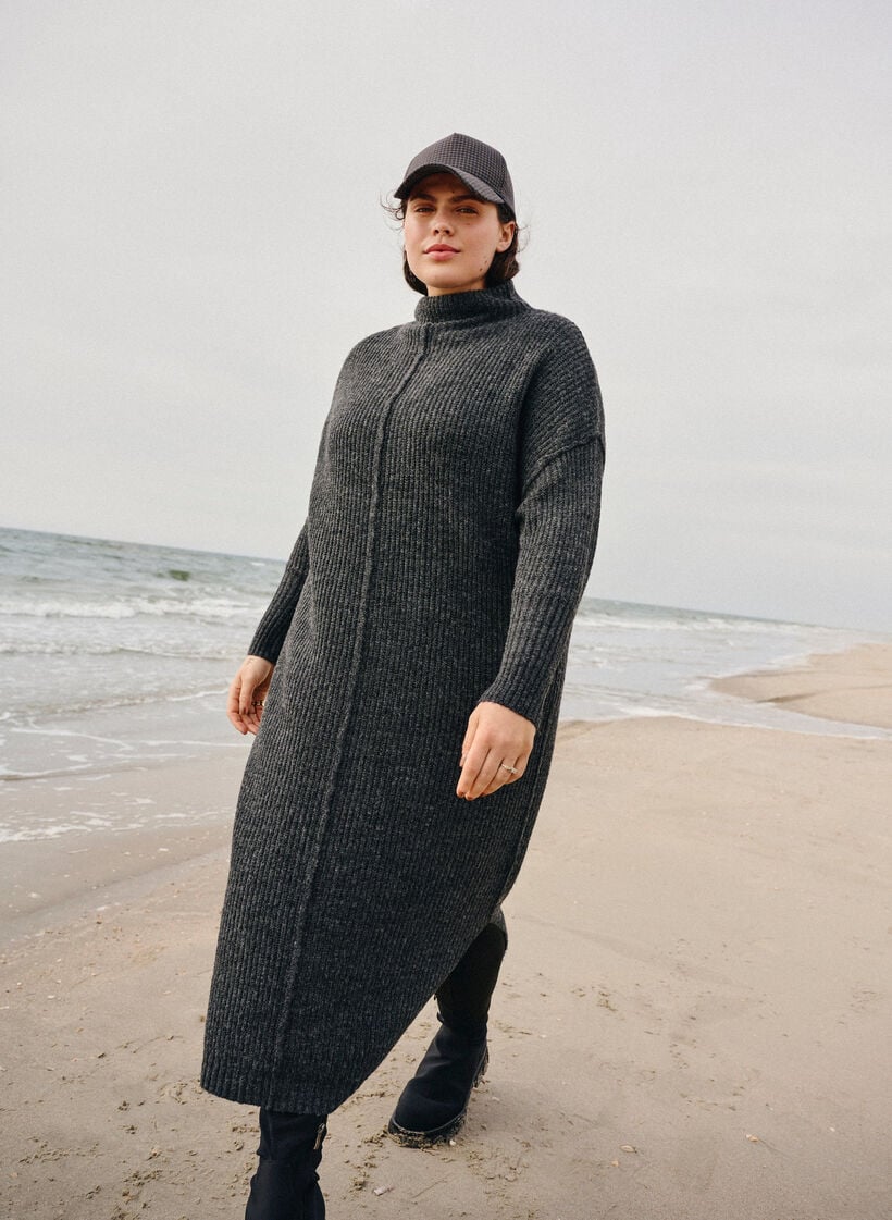 Lange oversized gebreide jurk met split, Grijs, Image image number 0