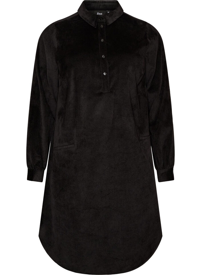 Corduroy overhemdjurk met kraag en knoopsluiting, Zwart, Packshot image number 0