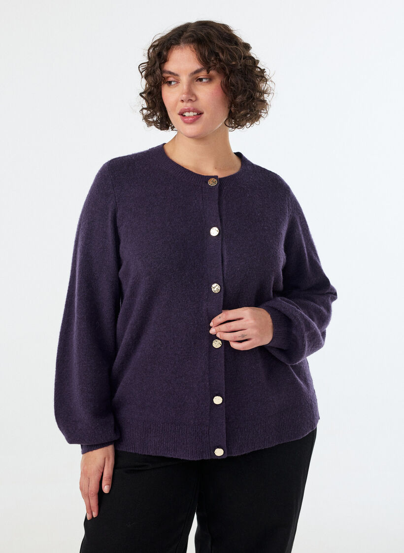 Cardigan in zacht breisel met goudkleurige knopen, Paars, Model image number 0