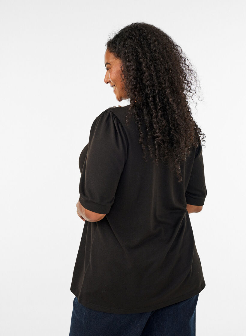 Blouse met knoopdetail en korte pofmouwen, Zwart, Model image number 2
