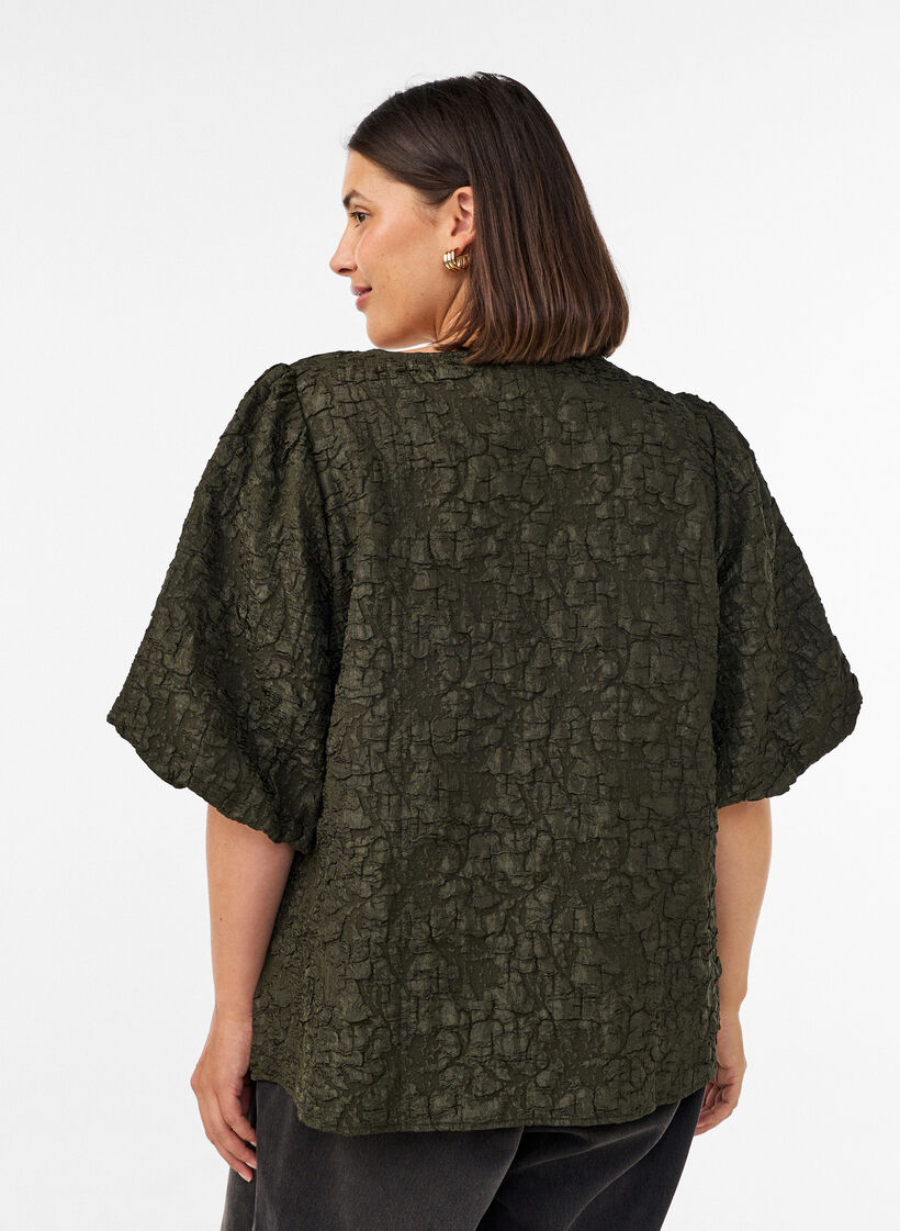 Jacquard blouse met pofmouwen en A-lijnvorm, Groen, Model image number 2