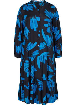 Viscose midi-jurk met knopen en print, Dark Blue AOP, Packshot image number 0