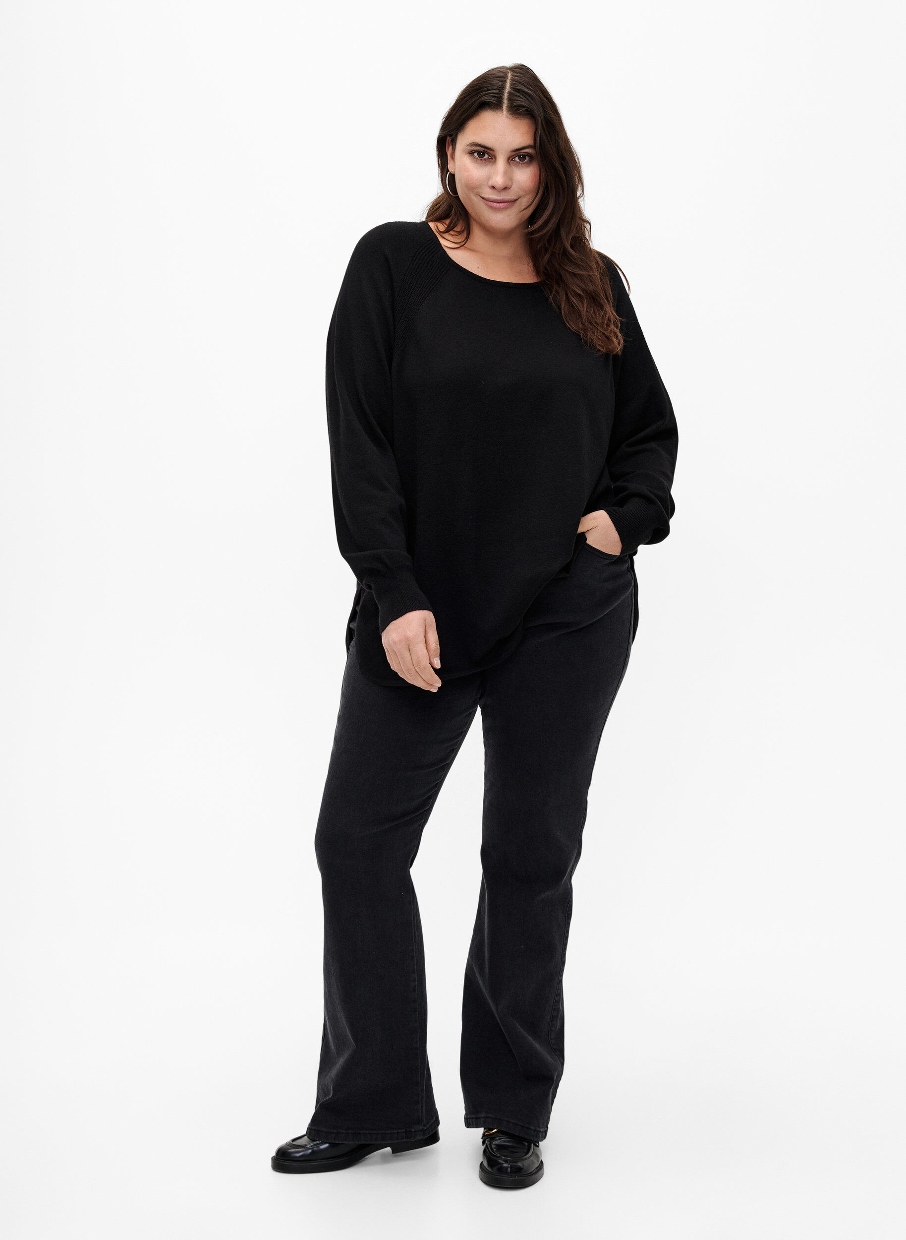 Zizzi Gebreide blouse met raglanmouwen, Black, Model image number 2