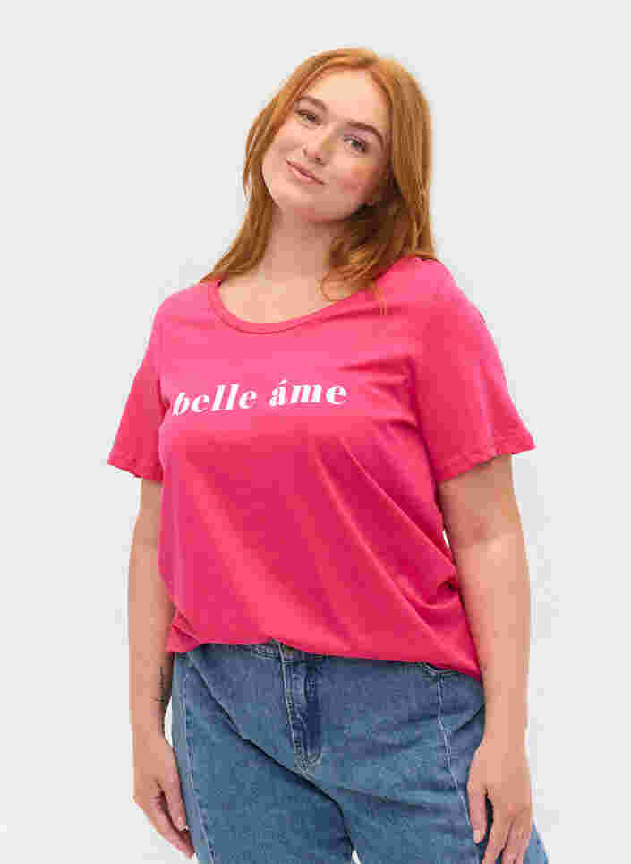 Katoenen t-shirt met korte mouwen en tekstopdruk, Fandango Pink, Model