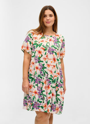 Viscose jurk met korte mouwen en a-lijn, Tropic AOP, Model image number 0