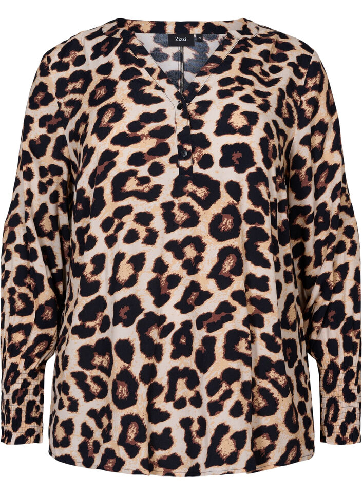 Bedrukte viscose top met smok, Leo AOP, Packshot image number 0