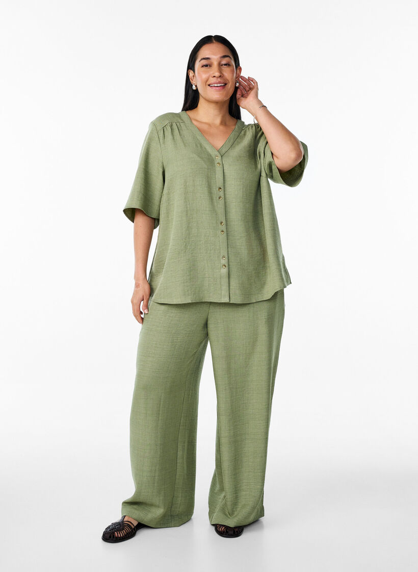 Overhemd blouse met V-hals en korte mouwen, Groen, Model image number 1