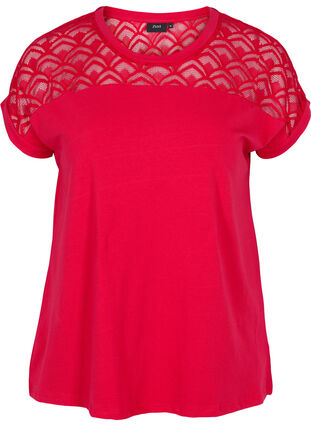 Katoenen t-shirt met korte mouwen en kant, Tango Red, Packshot image number 0