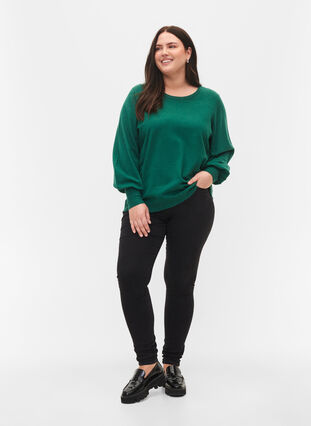 Gebreide blouse van viscose met ballonmouwen, Evergreen Mel., Model image number 3