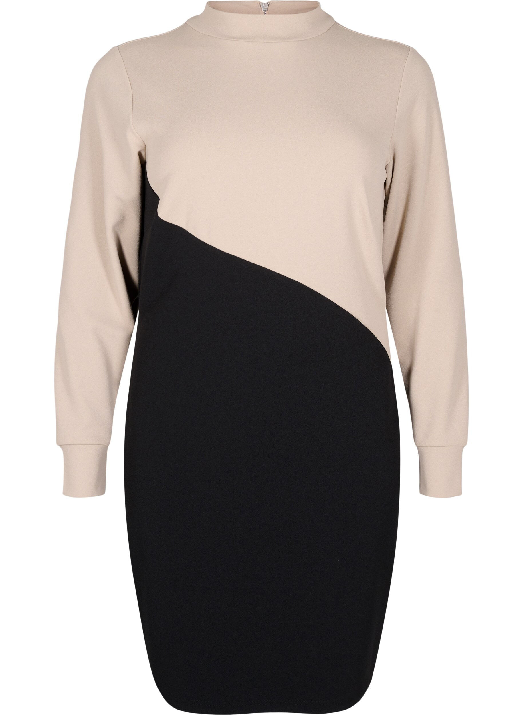 Zizzi Colourblock jurk met hoge hals, Black w. P.Cashmere, Packshot image number 0
