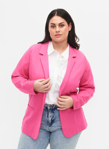 Basic blazer met knoop en sierzakken, Shocking Pink, Model image number 0