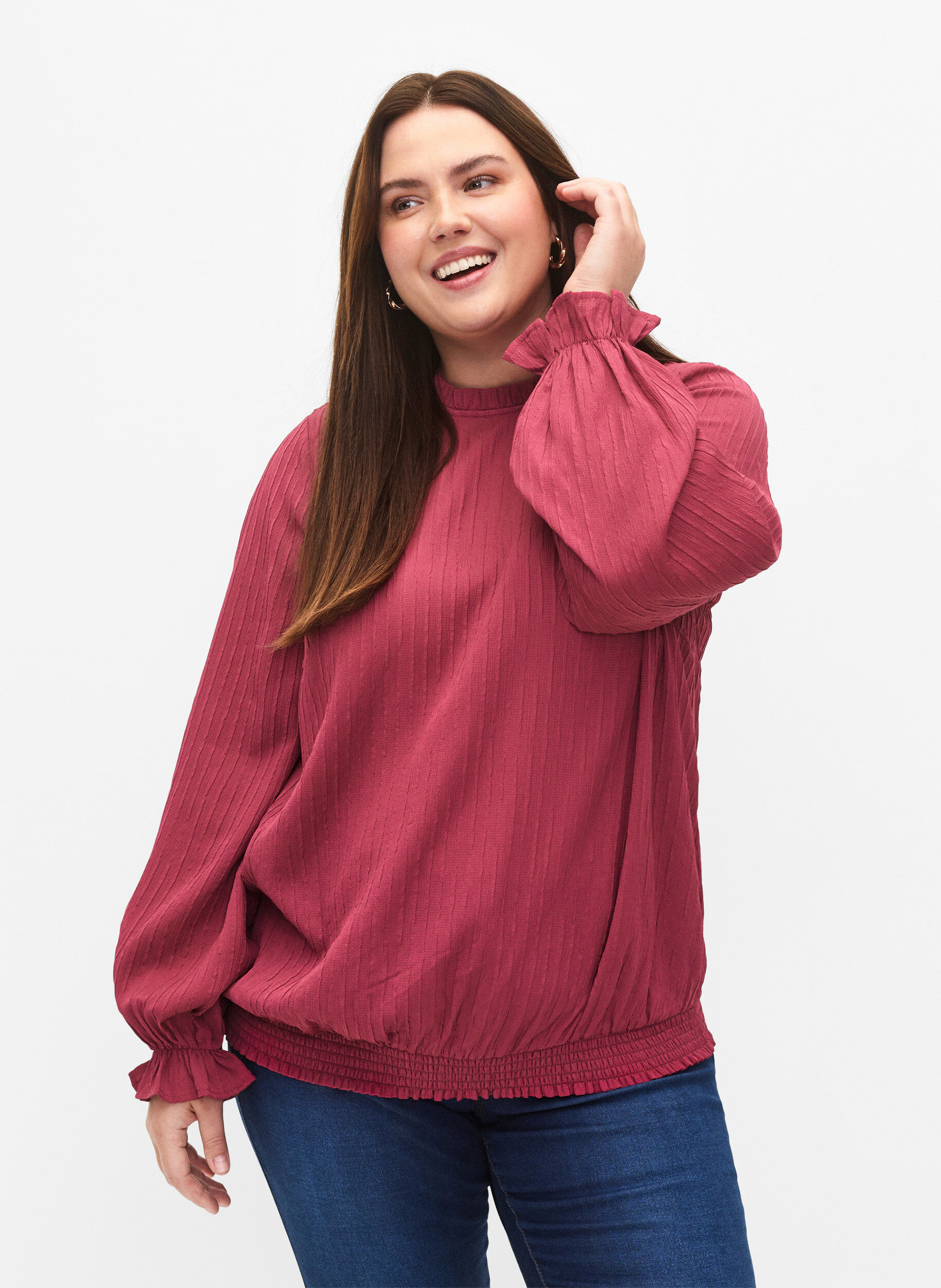Zizzi Smok blouse met ruches en textuur, Dry Rose, Model image number 0