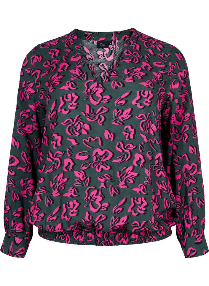 Viscose blouse met lange mouwen en smock, Deep Forest AOP, Packshot image number 0