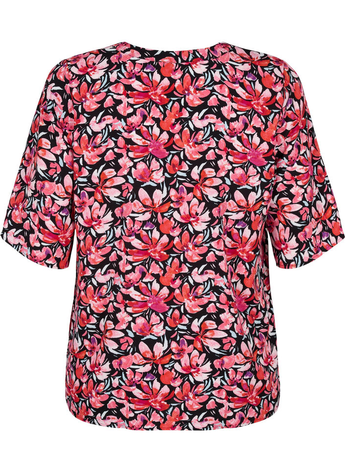  Blouse met V-hals en bloemenprint, Black Flower AOP, Packshot image number 1