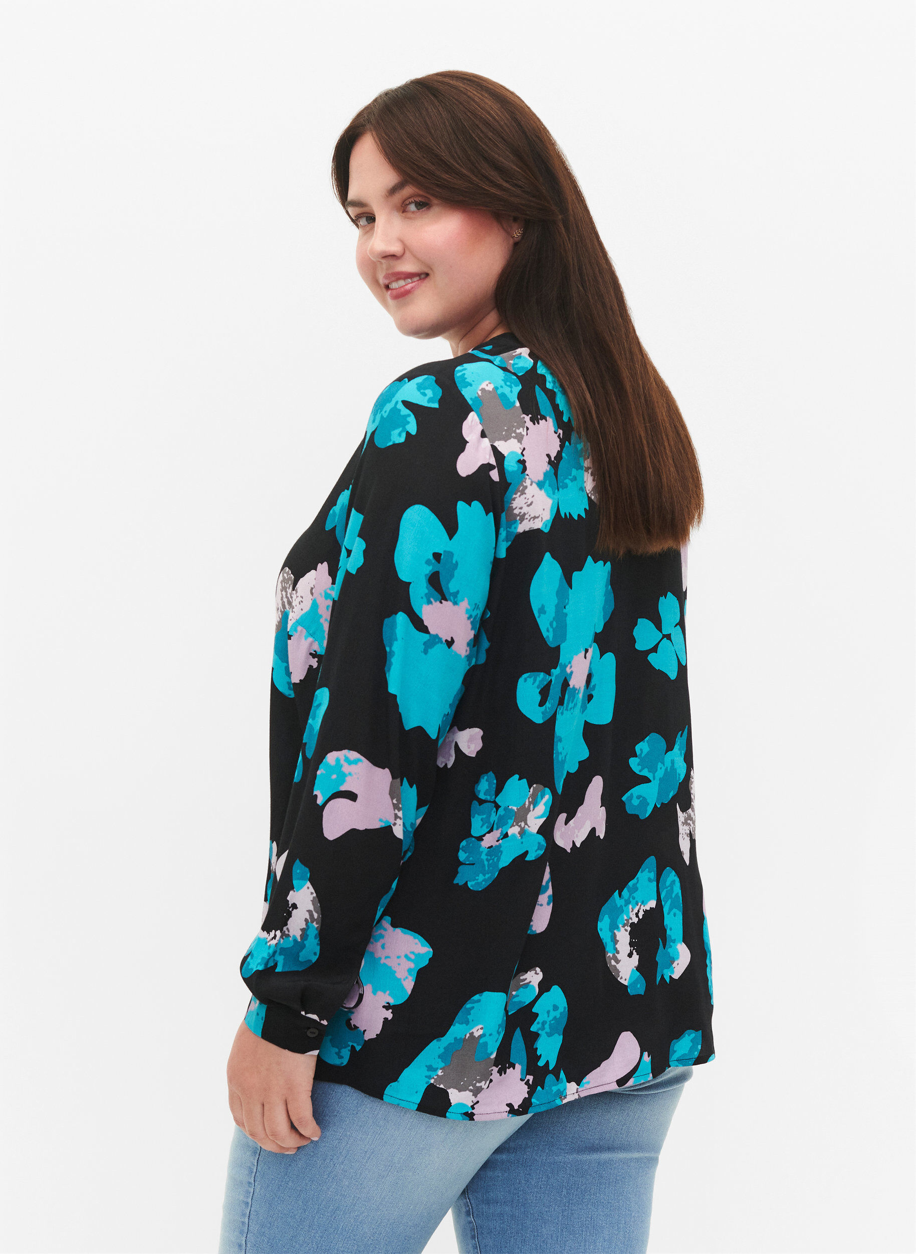 Zizzi Viscose blouse met print en lange mouw, Blue AOP, Model image number 1