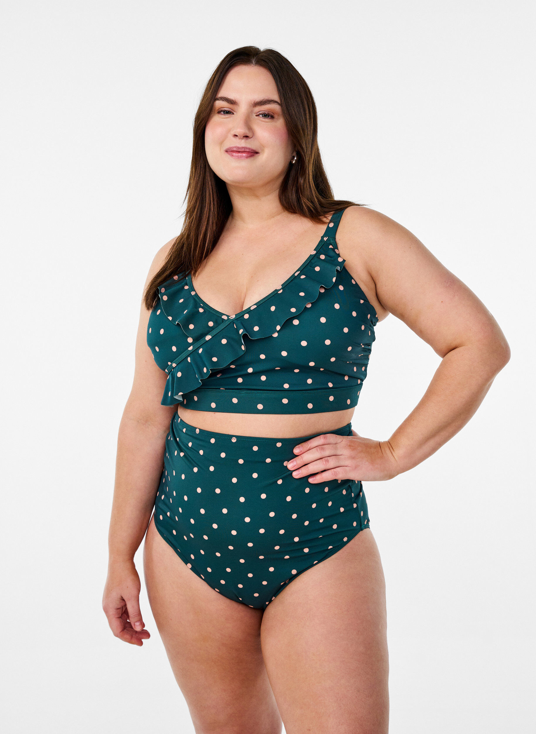Zizzi Bikinitop met stippen en ruches, Groen, Image image number 0