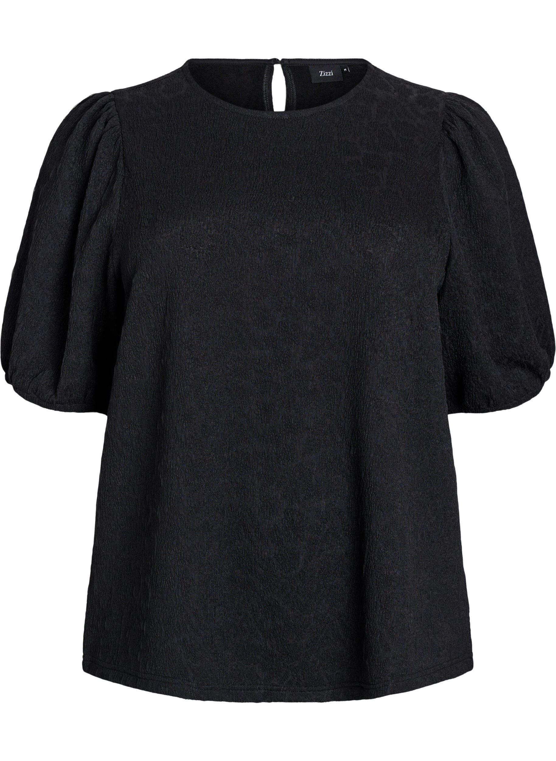 ZizziGestructureerde blouse met korte mouwen, Zwart, Packshot image number 0